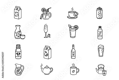 Minimalist Beverage & Drink Icon Set - Simple Black Line Art 
