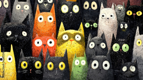 Whimsical and colorful digital illustration of a dense crowd of funny wide-eyed cats in various colors like black, orange, yellow, and green looking surprised and curious together.