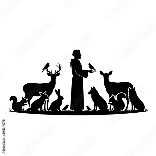 Saint Francis of Assisi surrounded by animals in silhouette.