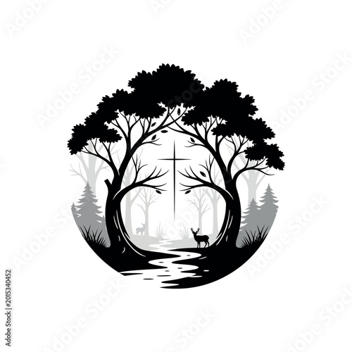 Tableau sur toile Serene Forest Scene with Deer and Cross.