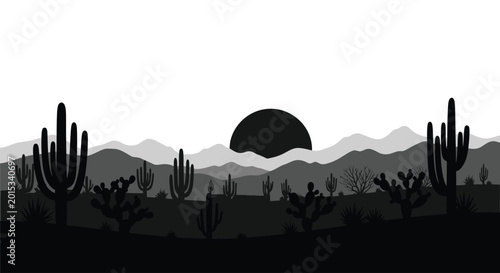 Schilderij op canvas Desert landscape silhouette with cacti and mountains at sunset minimalist vector