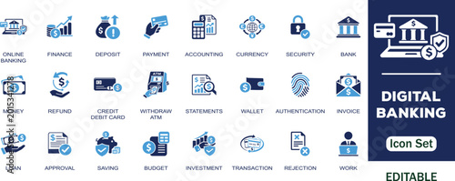 Digital banking editable solid icon set. Containing finance, bank, deposit, accounting, security, budget, cryptocurrency, mobile payment,blockchain, services and more vector icons collection.


