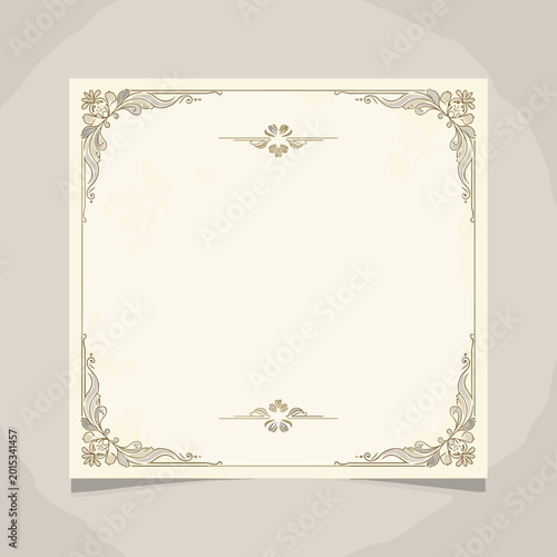 Elegant vintage blank certificate or invitation template with ornate decorative borders and corner elements on a cream paper background.