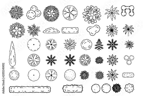 Vector Architectural Top View Tree and Shrub Line Icon Set for Landscape Design Blueprint CAD Elements