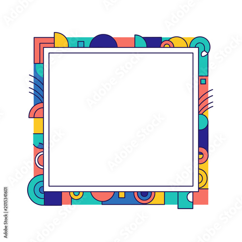 A colorful abstract geometric border design with a white square frame in the center.