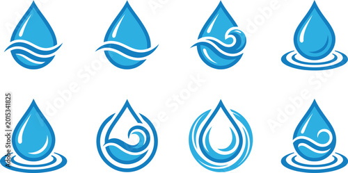 Set of blue water drop icons with wave and circle designs for nature and environment concepts