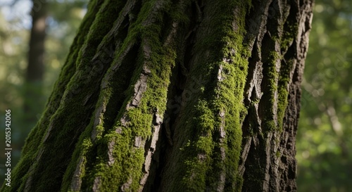 Detailed close-up of ancient tree bark heavily covered in vibrant green moss texture