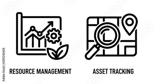 Resource management and asset tracking icons black and white with supply chain web design resource management tracking analysis statistics performance