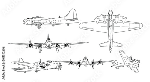 Konstfotografi Vintage bomber aircraft blueprint black and white line drawing