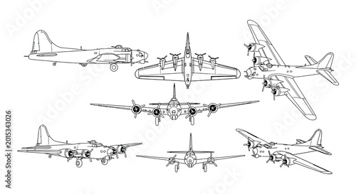 Foto Vintage bomber aircraft blueprint black and white line drawing