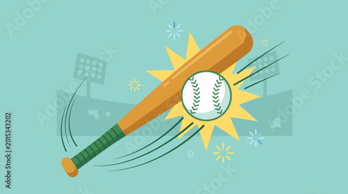 Картината върху платно Baseball Bat Hitting a Ball Illustration, Dynamic Sports Action with Impact Star