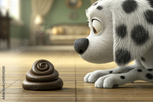 Guilty cartoon dog staring at poop on hardwood floor inside home, housebreaking puppy training and indoor accident concept.
