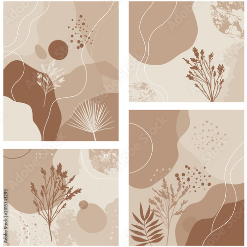 Four abstract minimalist art prints with organic shapes, botanical silhouettes, and earthy tones.