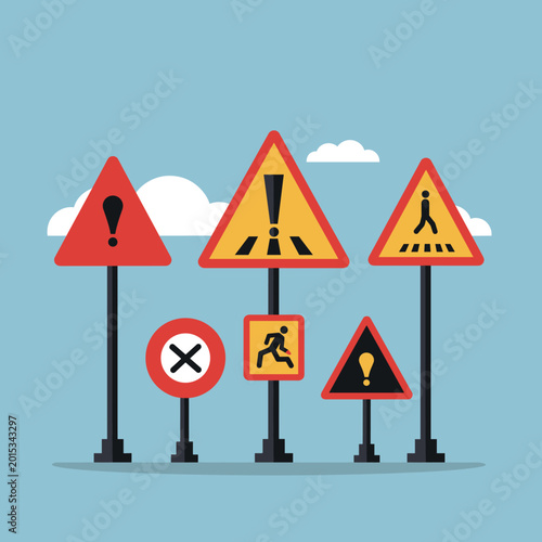 A collection of various road safety and warning signs including pedestrian crossings, general warnings, and prohibition signs against a blue sky.