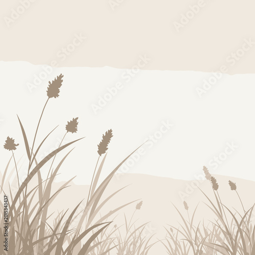 A minimalist sepia-toned illustration of tall grasses and reeds with seed heads, set against a muted background with a torn paper edge.