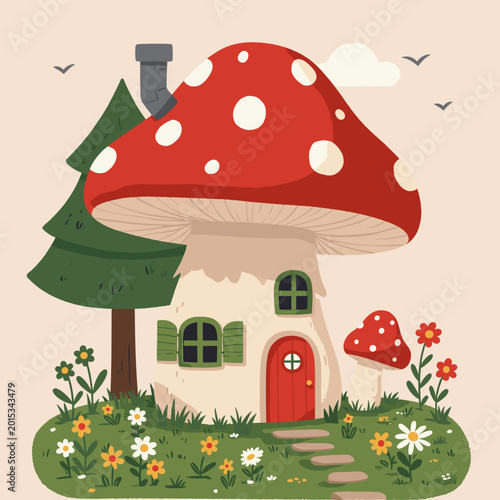 A charming whimsical mushroom house with a red spotted cap, nestled in a vibrant green meadow with colorful flowers, a pine tree, and a stone path under a clear sky.
