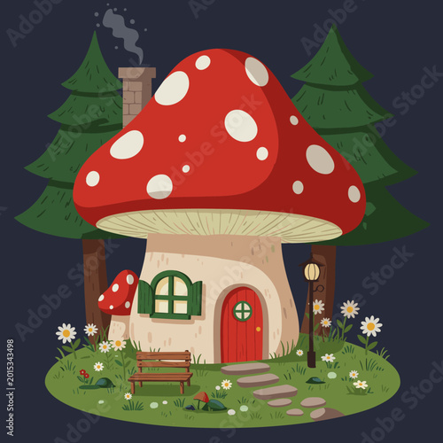 Whimsical cartoon illustration of a charming mushroom house nestled in a forest clearing with a bench, lamppost, and flowers.