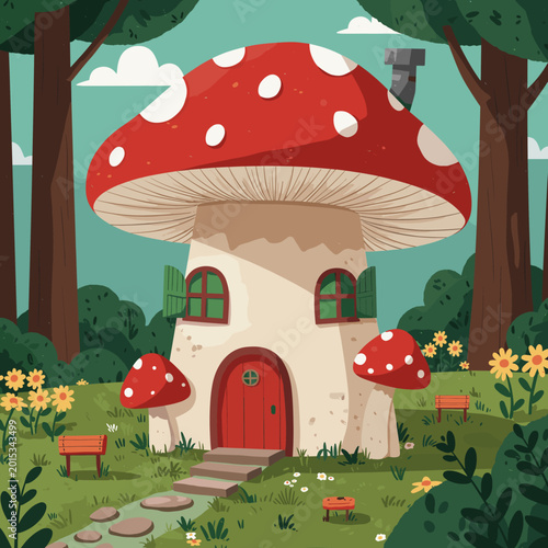 A charming whimsical mushroom house with a red spotted cap and a red door, nestled in a lush green forest clearing with yellow flowers and a stone path.
