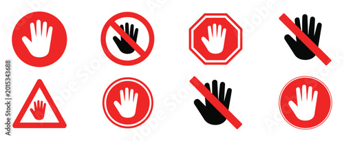 Tableau sur toile Red forbidden signs featuring dont touch icons no entry hand labels and ban or prohibited symbols suitable for safety signage restricted areas and warning system vector illustration design set