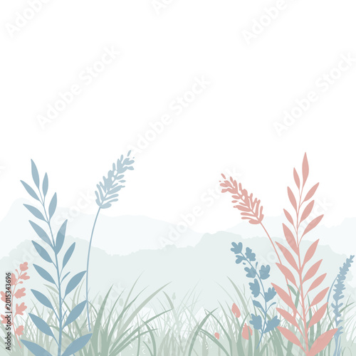 Stylized pastel plants and grasses with misty hills in a serene natural landscape.