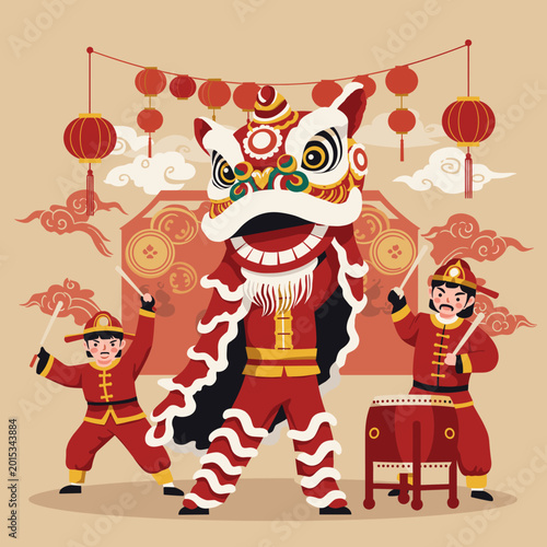 A vibrant illustration of a traditional Chinese lion dance performance with musicians playing drums and cymbals under festive red lanterns and clouds.