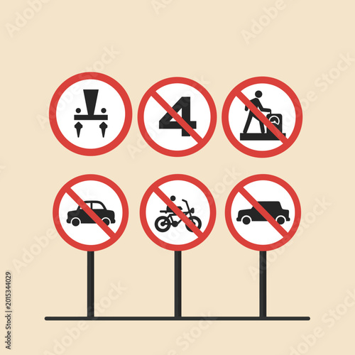 Six red circular prohibition signs with various symbols indicating restrictions for vehicles and actions.