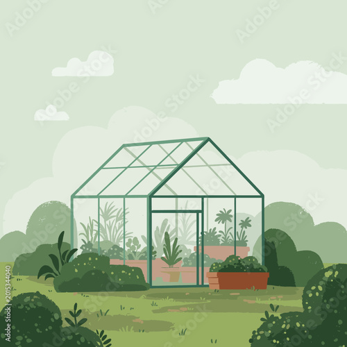 A glass greenhouse filled with various potted plants and lush greenery in a garden setting under a cloudy sky, depicting a serene botanical environment.