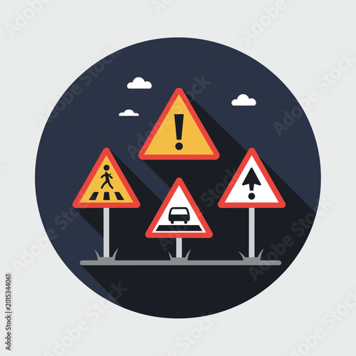 Flat design illustration of various yellow triangular road warning signs on a dark background with clouds.