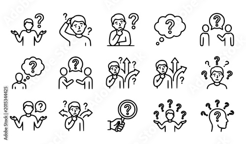 Photos A vector illustration of uncertainty and questioning concepts represented as a clean outline icon collection arranged evenly on a solid white background