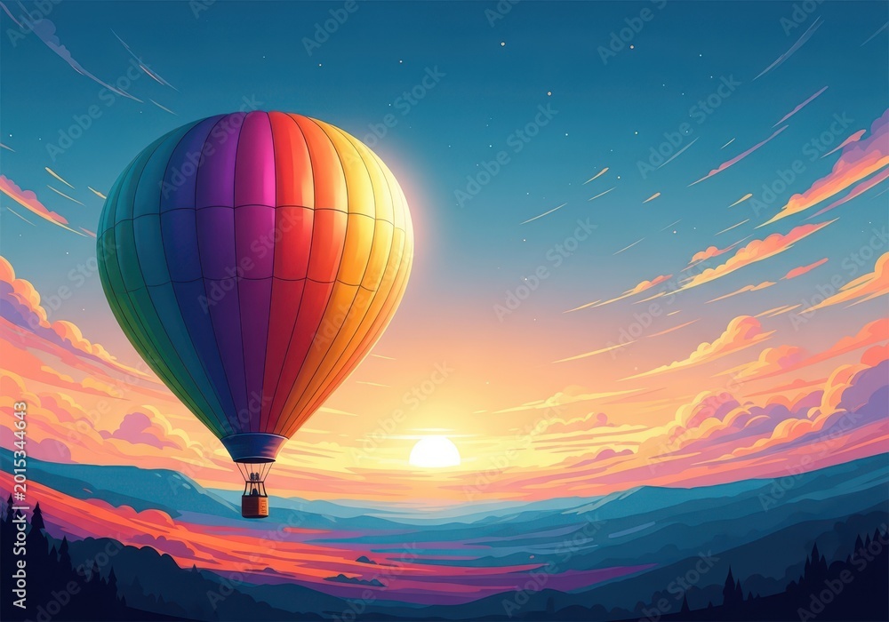 Fototapeta premium A majestic colorful hot air balloon floating high above the landscape during a beautiful sunrise or sunset scenic journey, leisure, floating, ride