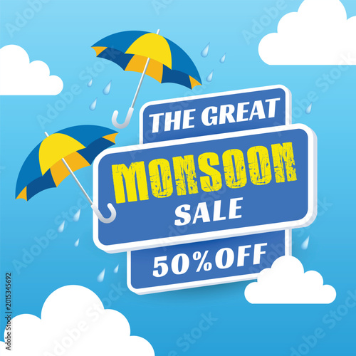 Φωτογραφία The great monsoon sale fifty percent off sign with rain clouds and colorful umbr