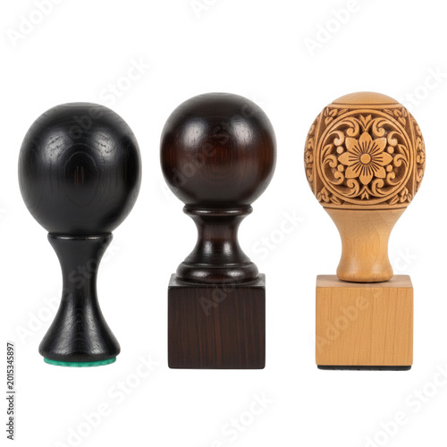 Classic wooden stamps with intricate carved designs and handles