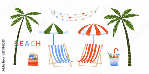 beach scene with chairs umbrellas and palm trees illustration