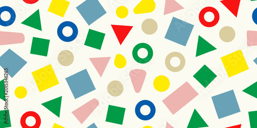 scattered geometric shapes colorful triangles circles and squares pattern
