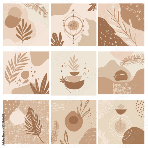 A collection of nine abstract bohemian illustrations with earthy tones and botanical elements.