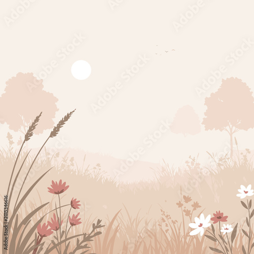 A serene, muted landscape illustration featuring a hazy sky with a sun, silhouetted trees, and various grasses and flowers in the foreground.