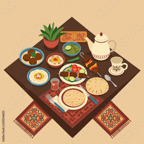 An illustration of a traditional Middle Eastern or Mediterranean meal spread on a square table with various dishes, dips, kebabs, and flatbreads.