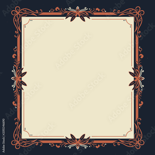 Elegant vintage ornamental frame with intricate floral and scrollwork details on a dark background, featuring a blank beige inner space.