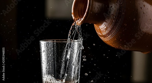 Pouring water from copper pitcher into clear glass on dark surface