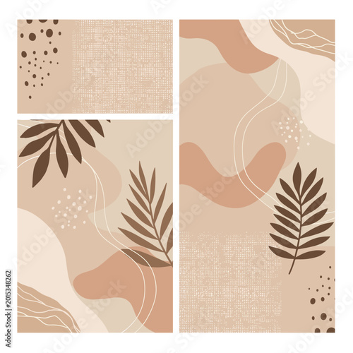 Set of three abstract bohemian backgrounds with organic shapes, leaves, and dots in earthy tones, perfect for modern design.
