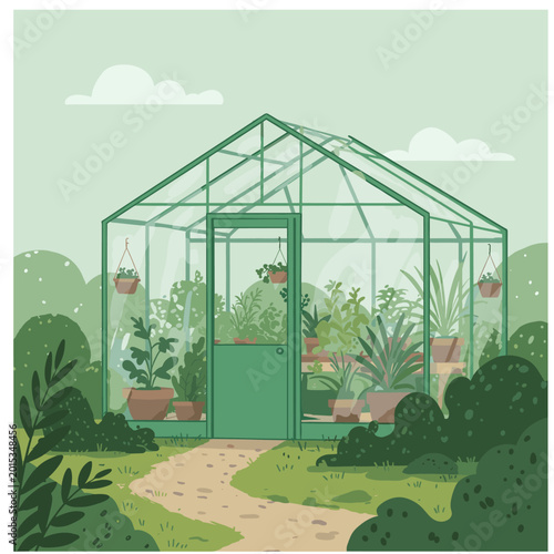 A charming illustration of a green greenhouse filled with lush potted plants, surrounded by garden bushes and a winding path under a soft green sky.