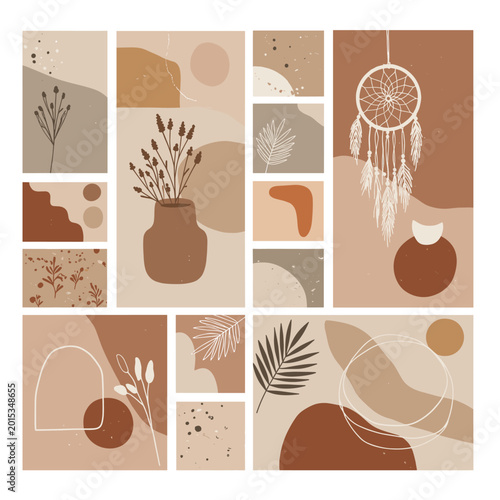 A collection of abstract boho-style illustrations featuring natural elements like dried flowers, leaves, and dreamcatchers in a warm, earthy color palette.