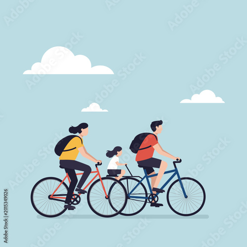 A family of three, a man, a woman, and a child, enjoying a bike ride together under a clear blue sky with white clouds.
