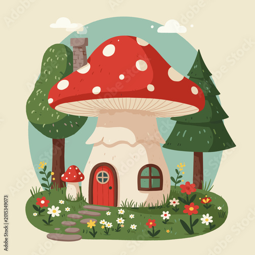 A charming illustration of a whimsical mushroom house with a red spotted cap, nestled in a vibrant green forest with colorful flowers and tall trees.