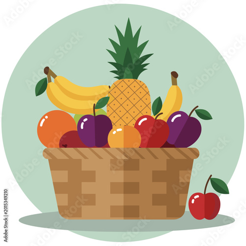 A colorful flat illustration of a woven basket overflowing with a variety of fresh fruits including pineapple, bananas, oranges, and apples.