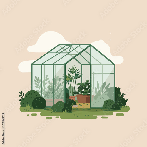 A charming illustration of a modern greenhouse filled with lush green plants and surrounded by garden bushes.