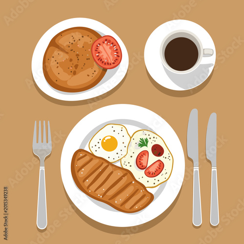 A delicious breakfast spread with grilled steak, fried eggs, bread, and coffee on a brown table.