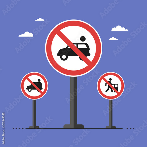 Three red circular prohibition signs on poles against a blue sky, indicating no cars and no carts.