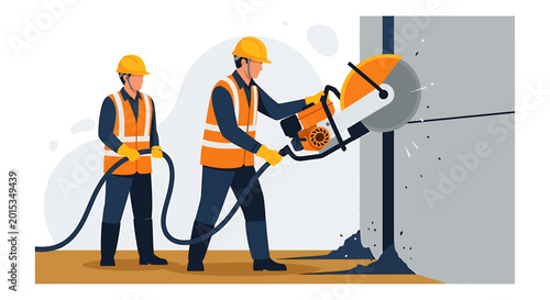 Construction workers using a concrete saw for building work.