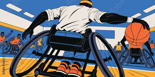 Wheelchair basketball players competing in a fast paced game showcasing athleticism and dynamic sports skills illustration